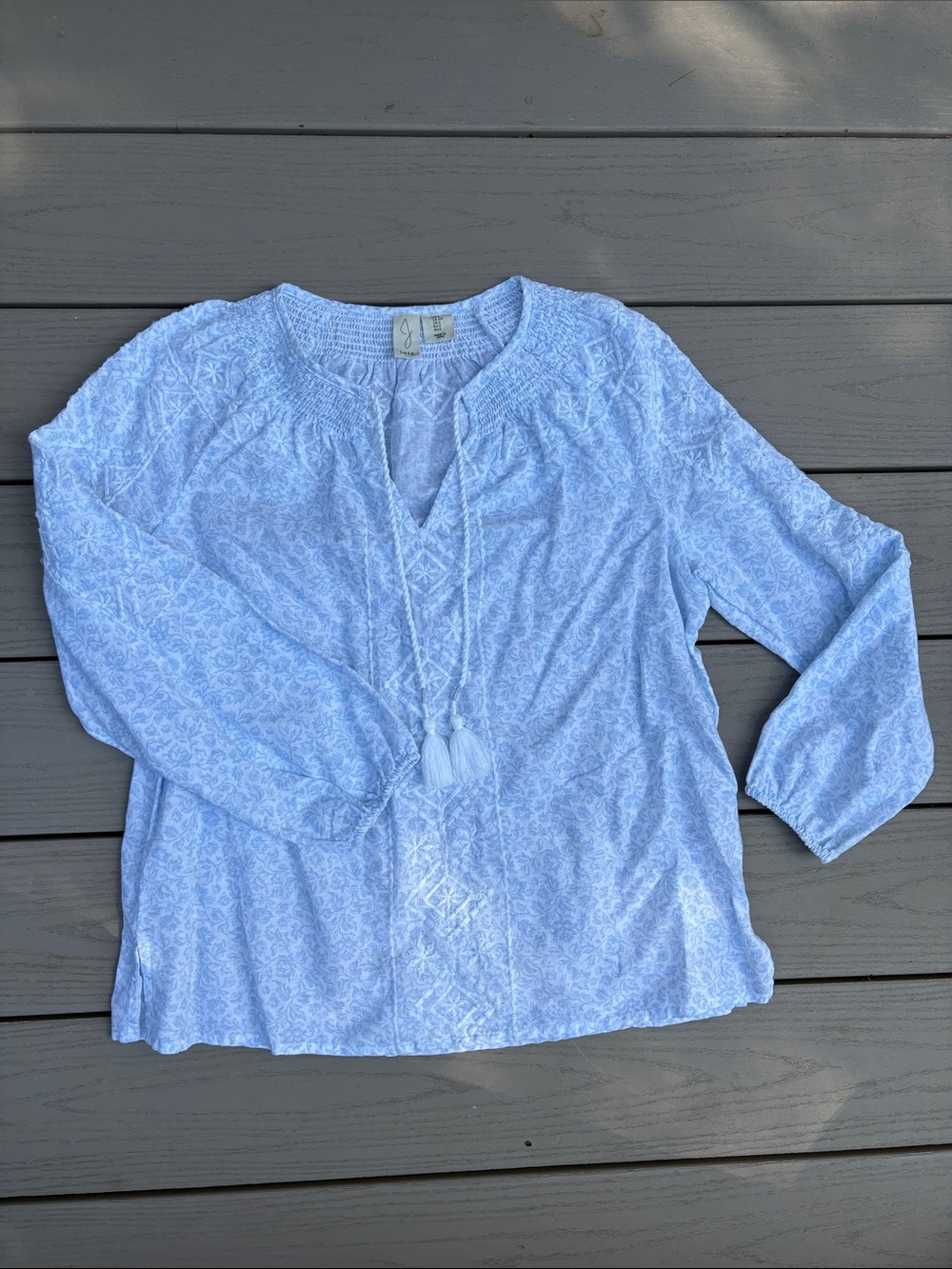 Joie Light Blue Embroidered Peasant Top with Tassel Tie